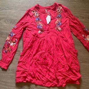 Free People Dress | Red/Pink with embroidered flowers